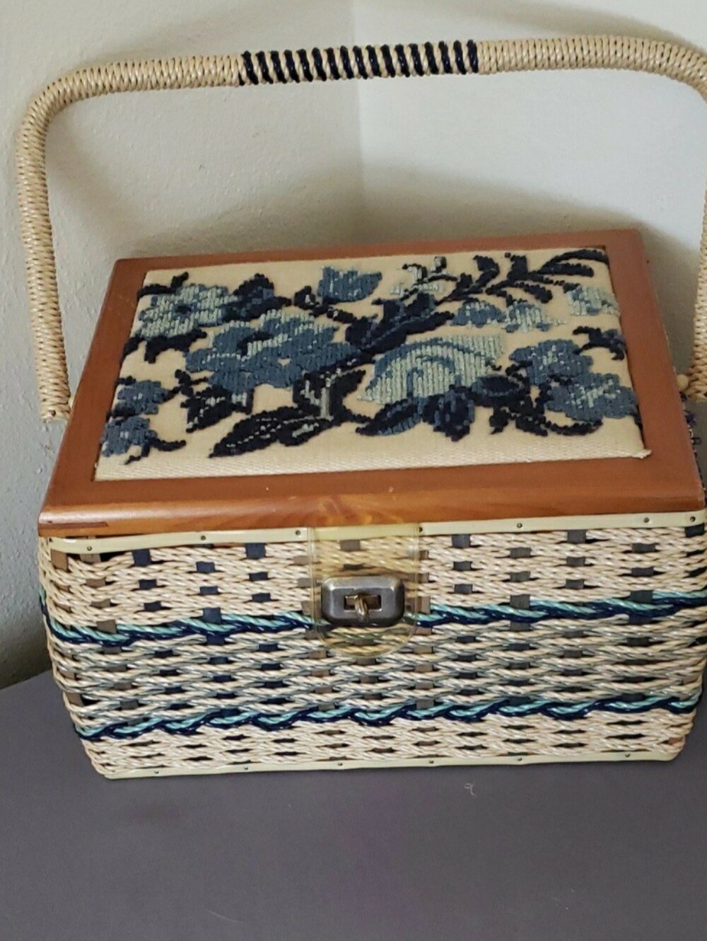 Woven Straw Sewing Basket Vintage with Blue Floral Needlepoint Lid from JcPennys